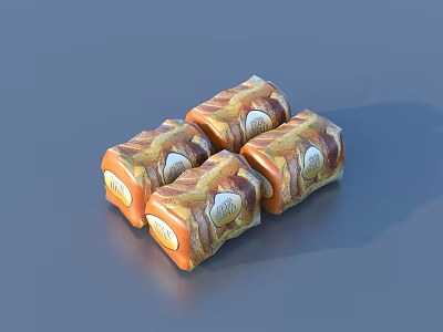 Four Pieces Of Packaged Rolled Food Snacks With Orange Yellow Wrapper And Brand Logo 3d model