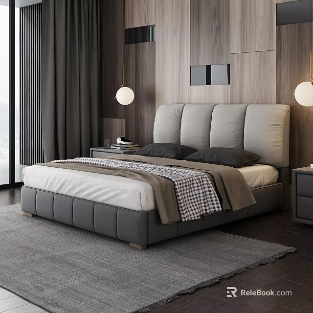 Modern Double Bed With Upholstered Headboard White Mattress Black Pillows Nightstands And Pendant Lights 3d model 