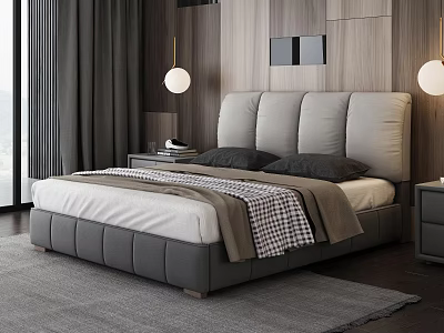 Modern Double Bed With Upholstered Headboard White Mattress Black Pillows Nightstands And Pendant Lights 3d model