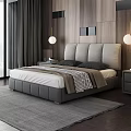 Modern Double Bed With Upholstered Headboard White Mattress Black Pillows Nightstands And Pendant Lights