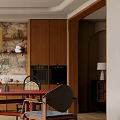 Cozy Restaurant Interior With Wooden Cabinets Stone Accent Wall Red Dining Table Colorful Chairs And Pendant Light