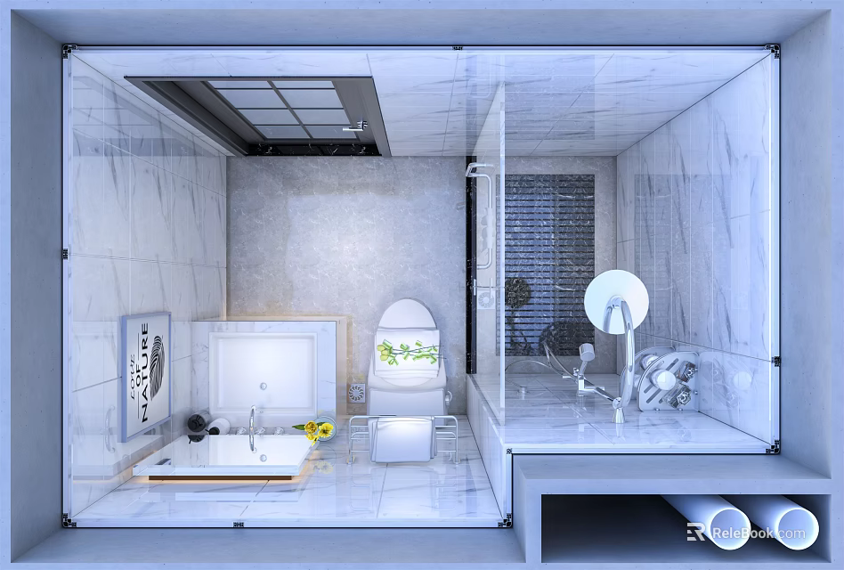 Bright Modern White Tiled Bathroom With Complete Sanitary Fixtures And Transparent Glass Shower Enclosure 3d model 