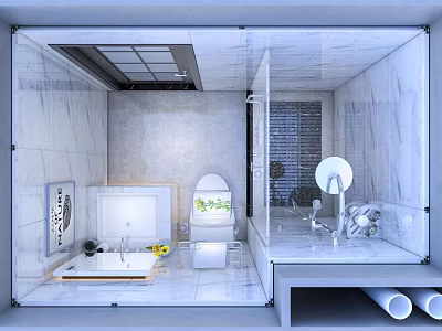 Bright Modern White Tiled Bathroom With Complete Sanitary Fixtures And Transparent Glass Shower Enclosure 3d model