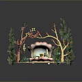 Decorative Miniature Scene With Pink Structure White Sphere Red Coral Green Foliage Sand And Stones
