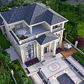 Luxury Detached Villa Exterior With Classic Architecture And Front Garden Fountain