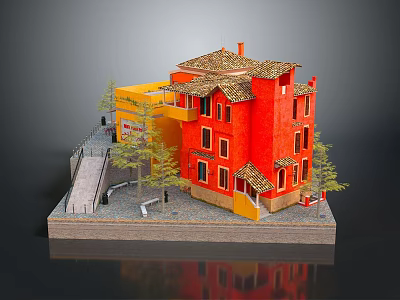Red Building Model With Yellow Accents Brown Roof Small Trees Steps And Platform 3d model
