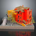 Red Building Model With Yellow Accents Brown Roof Small Trees Steps And Platform