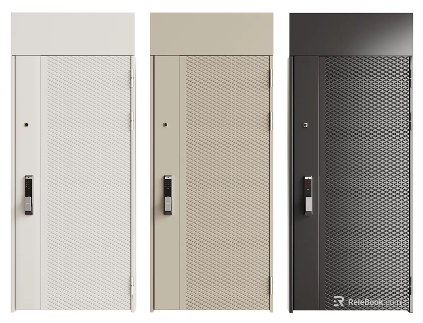 White Beige and Black Security Door With Mesh Texture Design Door Handle And Lock 3d model 