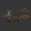 Industrial Ruins Scene With Damaged Road Vehicle Wreckage And Metal Structures