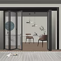 Bi fold Glass Doors with Black Frame in Modern Dining Area Wooden Floor Pendant Lights