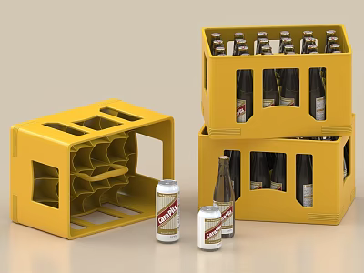 Yellow Beverage Crates With Some Stacked Bottles And Canned Drinks 3d model