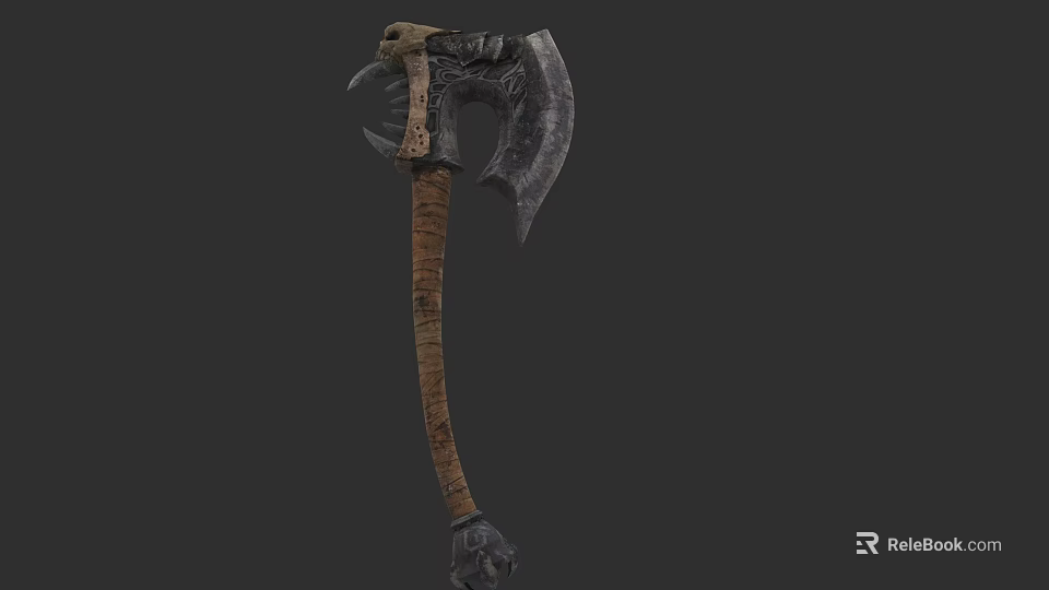 Medieval Fantasy Axe With Skull Decoration And Wooden Handle Design 3d model 