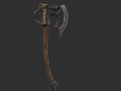 Medieval Fantasy Axe With Skull Decoration And Wooden Handle Design 3d model