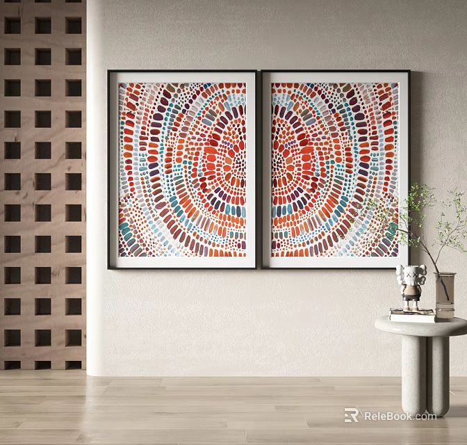 Two Abstract Wall Paintings With Circular Colorful Square Patterns In Modern Interior 3d model