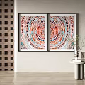 Two Abstract Wall Paintings With Circular Colorful Square Patterns In Modern Interior 3d model