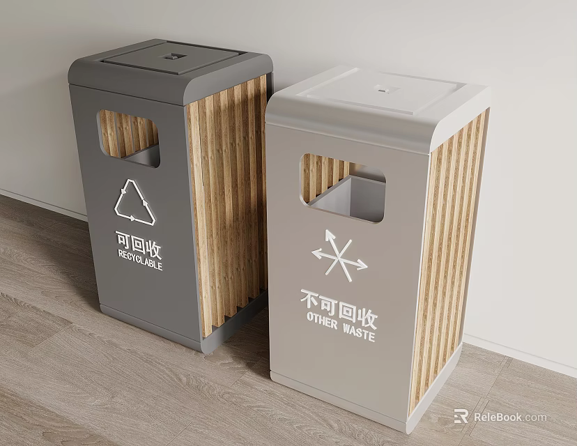 Indoor Recyclable And Non Recyclable Waste Bins With Wooden Side Panels Design 3d model 