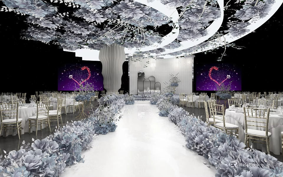 Elegant Banquet Hall Interior Design With Purple Heart Backdrop White Floral Decor And Golden Chairs 3d model 