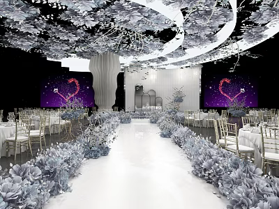 Elegant Banquet Hall Interior Design With Purple Heart Backdrop White Floral Decor And Golden Chairs 3d model