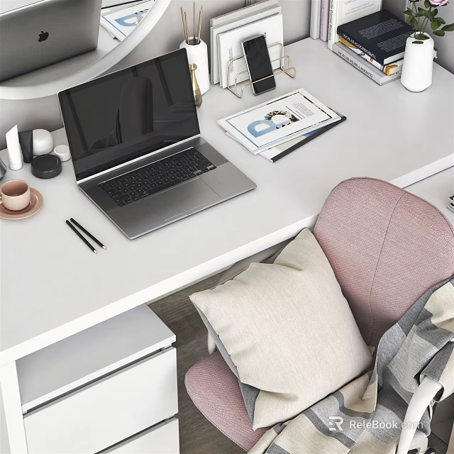 White Home Office Desk With Laptop Coffee Cup Magazine Pens And Pink Chair 3d model 