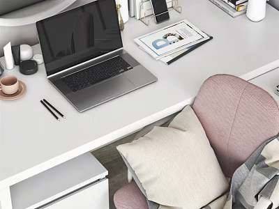White Home Office Desk With Laptop Coffee Cup Magazine Pens And Pink Chair 3d model