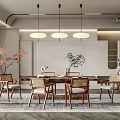 Minimalist Restaurant Interior With Wooden Dining Table Chairs Hanging Lights And Decorative Plants