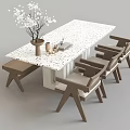 Modern Dining Table Set With Terrazzo Tabletop Wooden Upholstered Chairs Bench And White Flower Vase