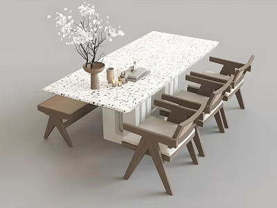 Modern Dining Table Set With Terrazzo Tabletop Wooden Upholstered Chairs Bench And White Flower Vase 3d model