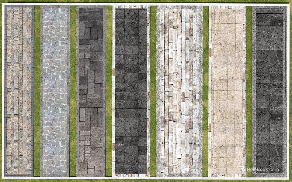 Ornamental Garden Pathway Design With Various Materials Paving Slabs Divided By Green Grass Strips 3d model 