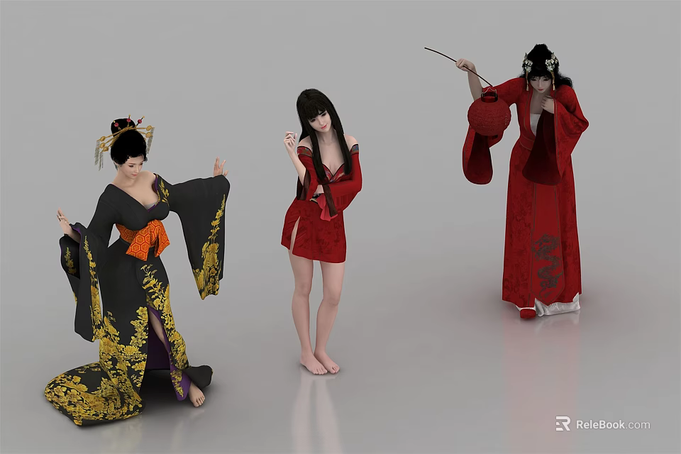 Three Women in Traditional Kimono Outfits with Various Poses and Accessories 3d model 