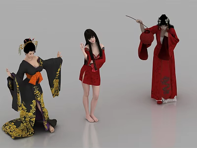 Three Women in Traditional Kimono Outfits with Various Poses and Accessories 3d model