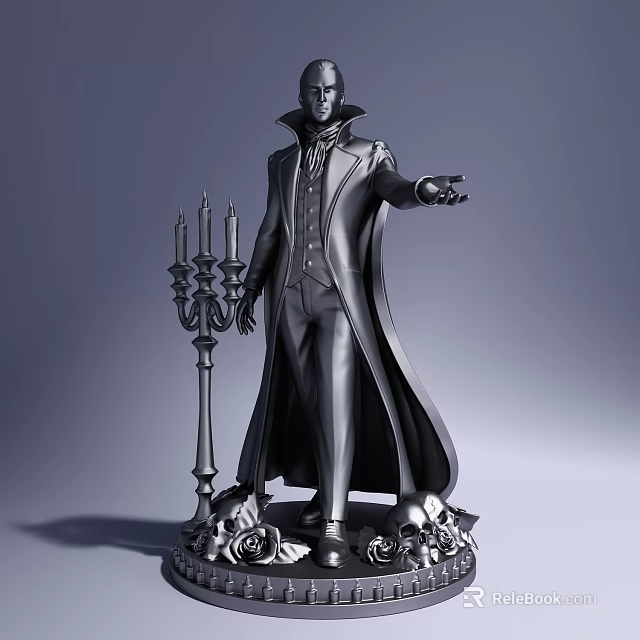 Elegant Vampire Figure Sculpture With Long Coat Top Hat And Rose Base Candelabra 3d model 