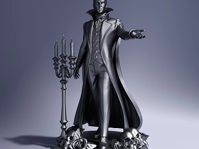 Elegant Vampire Figure Sculpture With Long Coat Top Hat And Rose Base Candelabra 3d model