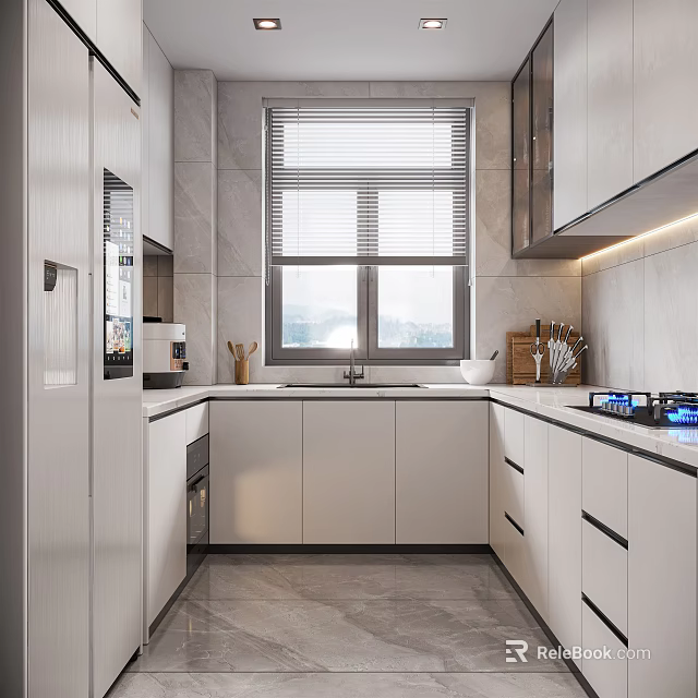 Modern Kitchen Interior Design With White Cabinets Window Gas Stove And Sink 3d model