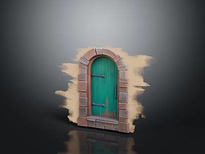 Green Wooden Arched Entrance Door With Stone Brick Frame And Classic Design 3d model