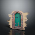 Green Wooden Arched Entrance Door With Stone Brick Frame And Classic Design