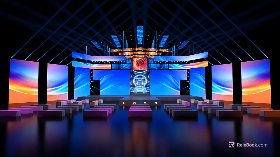 Modern Stage Design With Large LED Screens Colorful Lighting Audience Seats And Geometric Ceiling Structure 3d model 