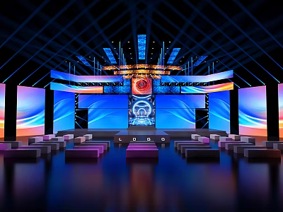 Modern Stage Design With Large LED Screens Colorful Lighting Audience Seats And Geometric Ceiling Structure 3d model