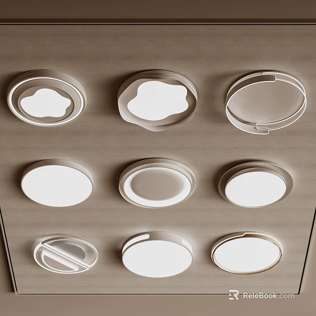 Various White Flush Mount Ceiling Lights With Different Designs On Wooden Background 3d model