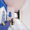 Wedding Venue Decor With Blue Wall Pink Arches Sofa And Potted Plant