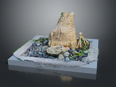 Cartoon Miniature Scene With Straw Woven Stump Stones Moss And Small Plants On Square Platform 3d model