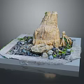 Cartoon Miniature Scene With Straw Woven Stump Stones Moss And Small Plants On Square Platform