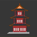 Cartoon Scene Traditional Chinese Three Story Tower With Red Body Blue Roof And Orange Decorations