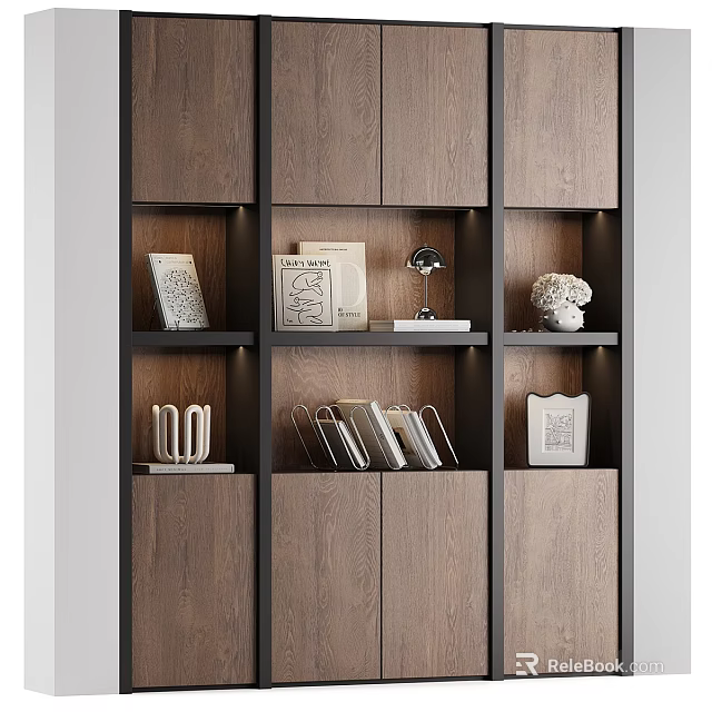Modern Wooden Bookcase Design With Open Shelves Closed Cabinets Books And Decorative Sculpture 3d model 