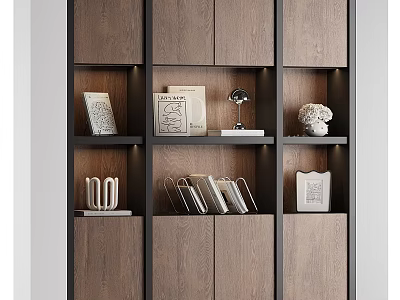 Modern Wooden Bookcase Design With Open Shelves Closed Cabinets Books And Decorative Sculpture 3d model