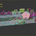 Detailed Miniature Model Scene With Green Grass Paths Dome Building Trees And Parked Cars
