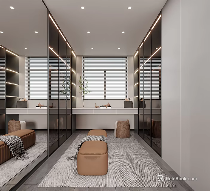 Modern Luxury Walk in Closet Interior With Glass Doors Mirrored Walls And Marble Counter 3d model 
