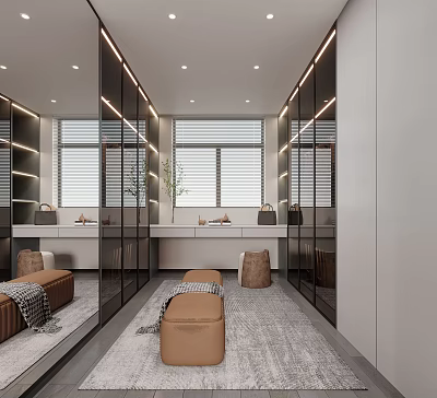 Modern Luxury Walk in Closet Interior With Glass Doors Mirrored Walls And Marble Counter 3d model