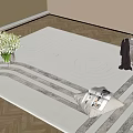 Light Colored Striped Square Rug with White Flowers Magazines and Blanket in Modern Room
