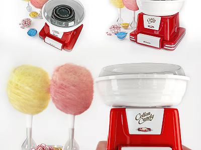Red Cotton Candy Machine Making Yellow And Pink Fluffy Cotton Candy Treats 3d model