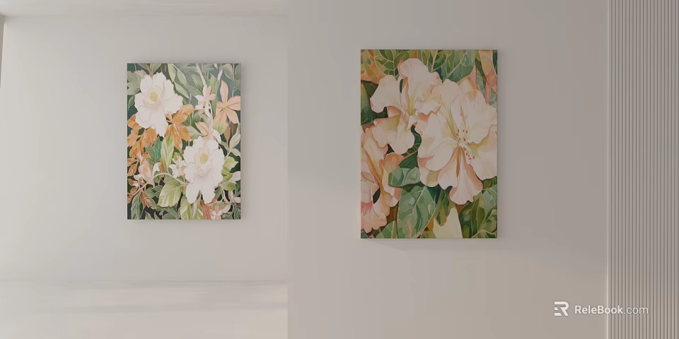 Vibrant Botanical Paintings Featuring White Pink Flowers and Green Leaves as Wall Art 3d model 